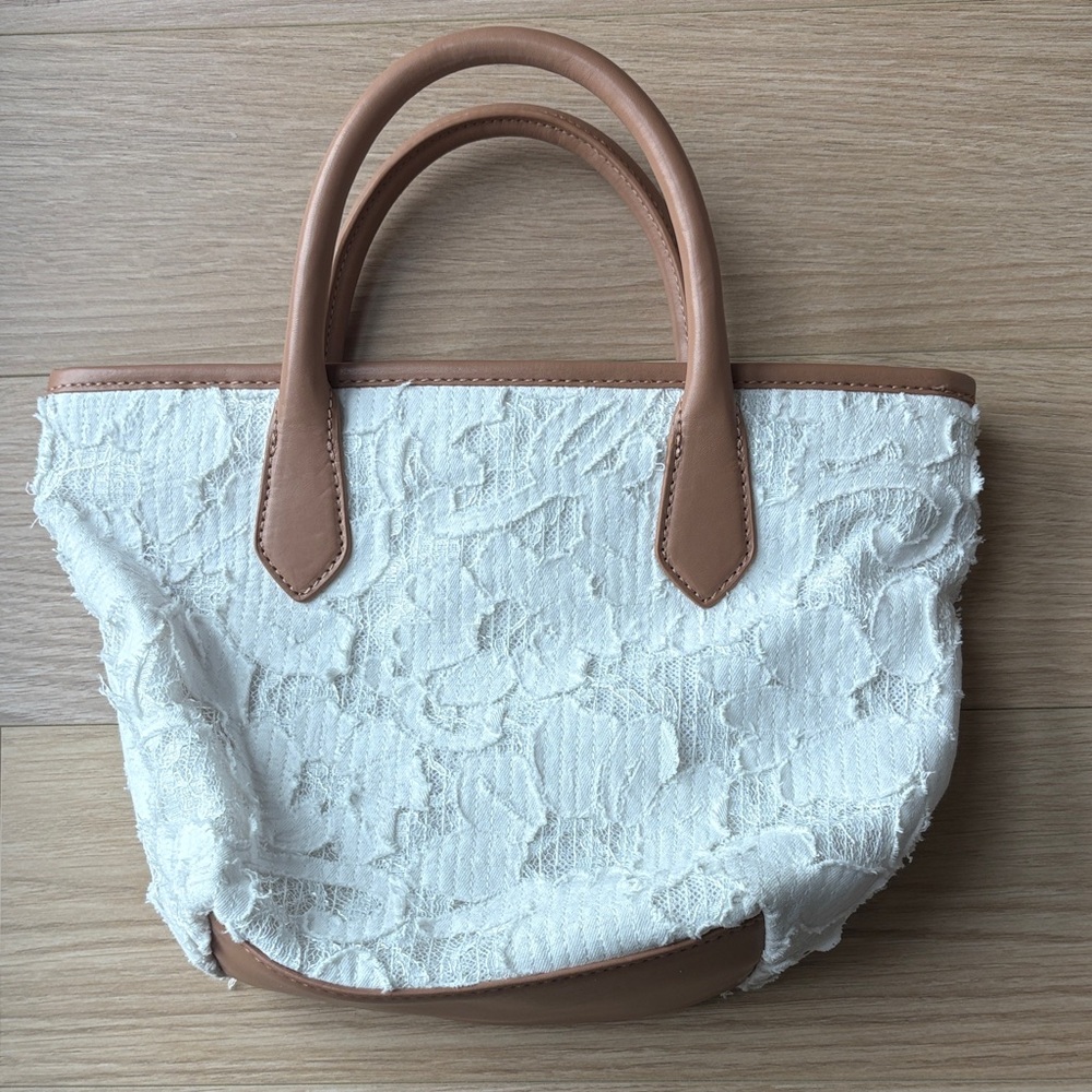 White Lace Mini Tote with Tan Leather Handles